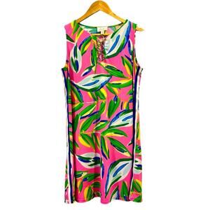 VTG 70's Pink Tropical Floral Mini Dress Sleeveless Racer Stripe, Medium Petite